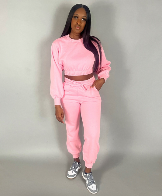 Cropped Pullover Jogger Set (Pink)