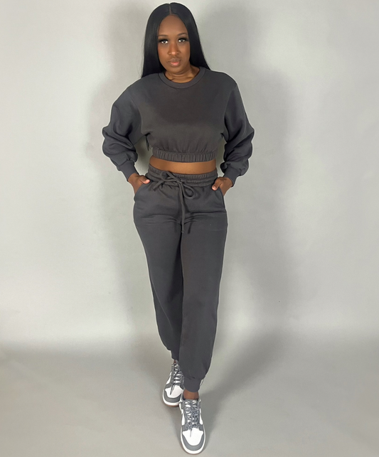 Cropped Pullover Jogger Set (Charcoal Grey)